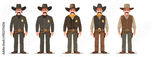 set of wild west style sheriffs vintage mens fashion flat style vector illustration isolated on white background