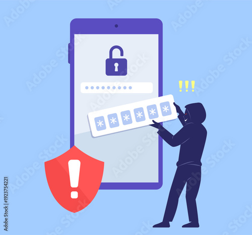 Hacker stealing password from phone appliation or website. Phishing scam warning. Concept of cyber crime, personal information attack, scammer. Vector design illustration.