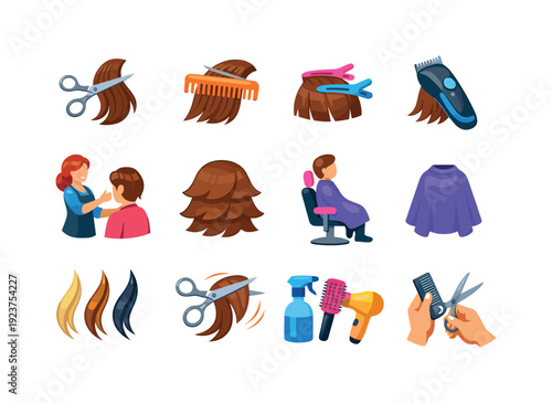 Haircut process. Colorful flat vector icons set of Haircut process: scissors cutting hair,