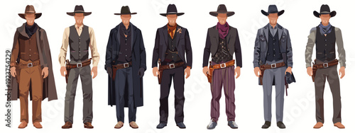 set of wild west style sheriffs vintage mens fashion flat style vector illustration isolated on white background