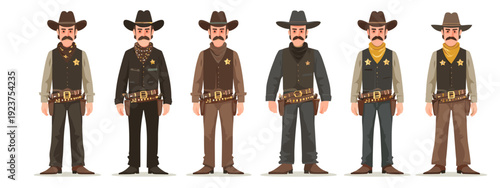 set of wild west style sheriffs vintage mens fashion flat style vector illustration isolated on white background