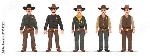 set of wild west style sheriffs vintage mens fashion flat style vector illustration isolated on white background