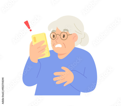 Elderly woman recieving suspicious call from scammer. Scam call for money. Concept of cybercrime, fraud trick, victim, warning. Vector design illustration character.
