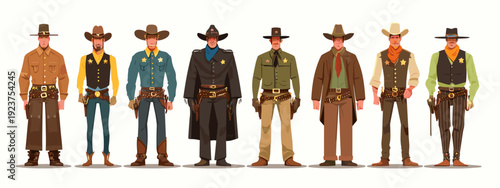 set of wild west style sheriffs vintage mens fashion flat style vector illustration isolated on white background