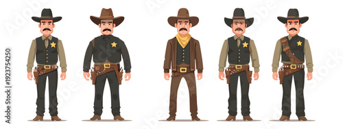 set of wild west style sheriffs vintage mens fashion flat style vector illustration isolated on white background