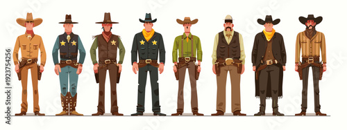 set of wild west style sheriffs vintage mens fashion flat style vector illustration isolated on white background