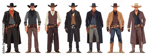 set of wild west style sheriffs vintage mens fashion flat style vector illustration isolated on white background