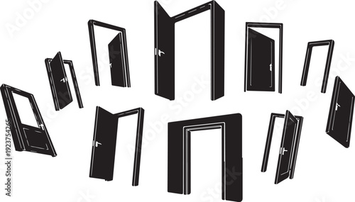 Collection of open and closed doors in various positions