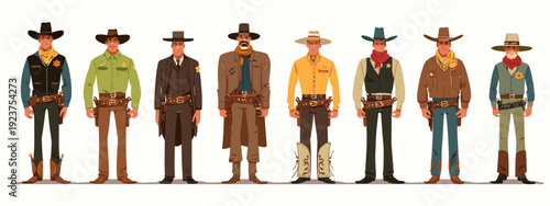 set of wild west style sheriffs vintage mens fashion flat style vector illustration isolated on white background