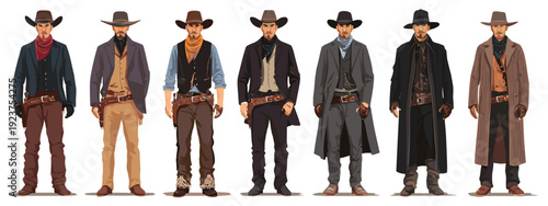 set of wild west style sheriffs vintage mens fashion flat style vector illustration isolated on white background