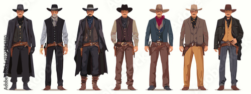 set of wild west style sheriffs vintage mens fashion flat style vector illustration isolated on white background