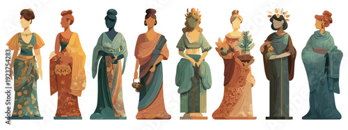 set of women in antique style flat style vector illustration isolated on white background