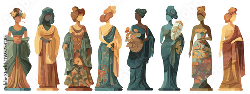 set of women in antique style flat style vector illustration isolated on white background