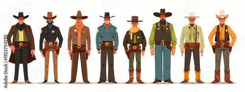 set of wild west style sheriffs vintage mens fashion flat style vector illustration isolated on white background
