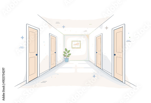 Hallways between rooms. Long quiet hallway with closed doors on either side, soft shadows and light from an unseen window. Calm transitional