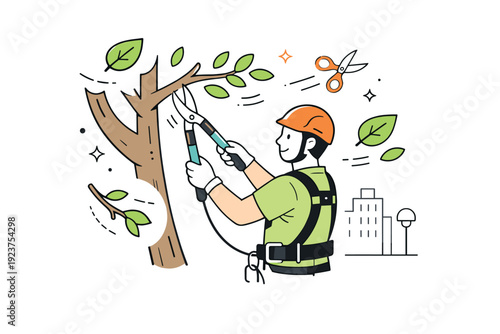Urban tree pruning. Arborist using gentle tools to trim branches of a city tree, floating abstract icons of leaves, scissors, and motion lines emphasizing