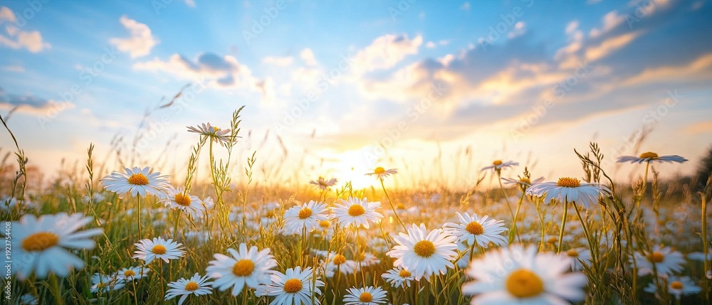 Naklejka premium Panoramic natural landscape: summer meadow with daisies against blue sky with clouds at sunset