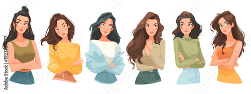 set of cartoon style girl flat vector illustration isolated on white background