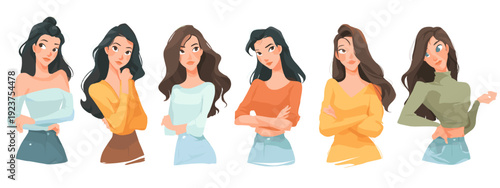 set of cartoon style girl flat vector illustration isolated on white background