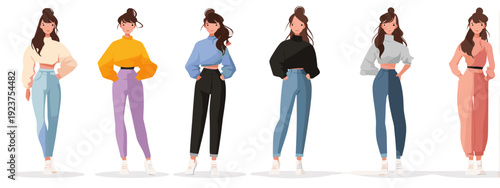 set of cartoon style girl flat vector illustration isolated on white background