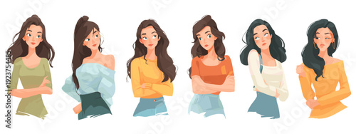 set of cartoon style girl flat vector illustration isolated on white background