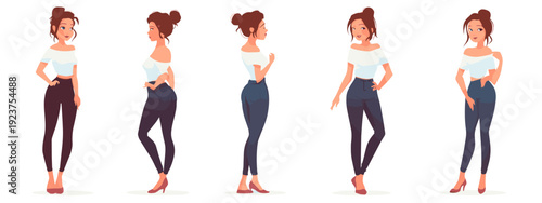 set of cartoon style girl flat vector illustration isolated on white background