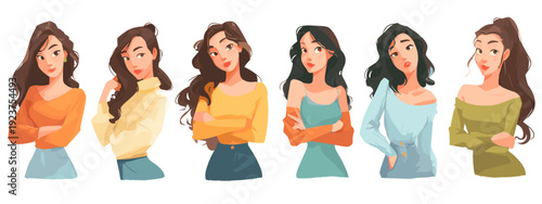 set of cartoon style girl flat vector illustration isolated on white background