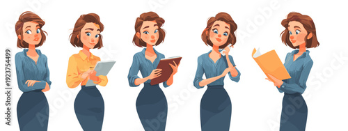 set of cartoon style girl flat vector illustration isolated on white background