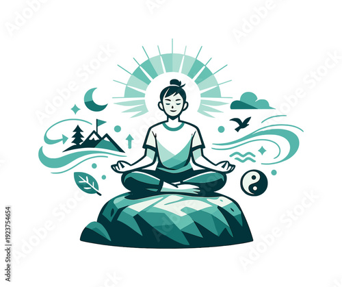 Mountain meditation. Person sitting on a rock at sunrise, overlooking valleys and peaks,