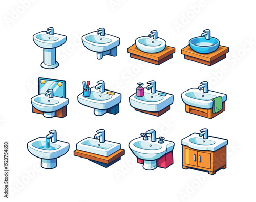 Collection of various bathroom sinks and washbasins in isometric view