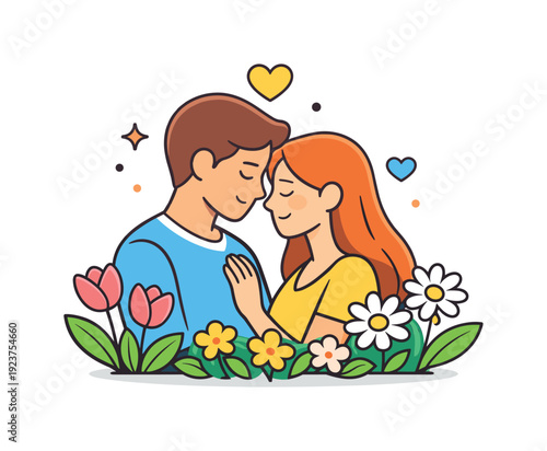 Romantic spring couple gentle moment of two people standing close among blooming flowers, expressing warmth, tenderness, and the emotional