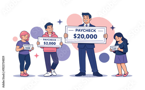Income inequality. Group of people holding paychecks of different sizes, subtle facial