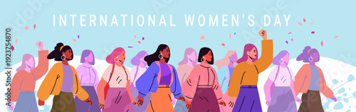 8 March womens day diverse women march empowerment unity group walking raised fists confetti pastel colors flat banner