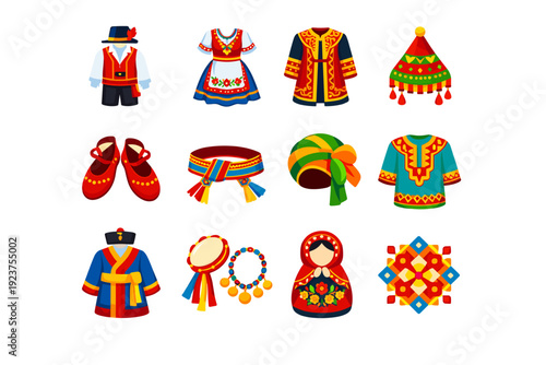 Traditional Costume Icons. Traditional costumes. Colorful flat vector icons set of traditional costumes: cultural outfit, embroidered robe, folk dress,
