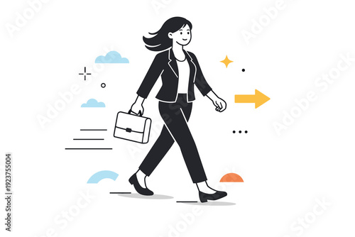 Strong woman leader. A woman walking forward confidently with minimal background elements, symbolizing direction, independence, and strength.