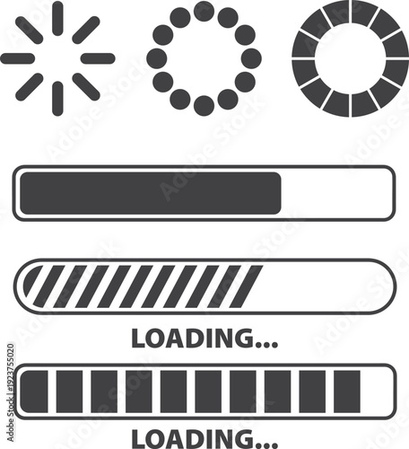 Loading process icon, loading status bar round buffer download progress and line uploading vector illustration isolated