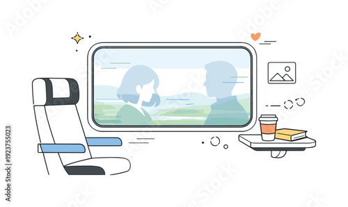 Couple silhouetted in train window, enjoying a scenic journey with a book and coffee