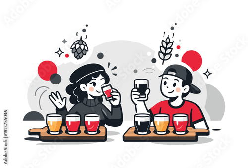 Craft beverage tasting. Flight boards with small pours, hops and malt symbols rising gently.