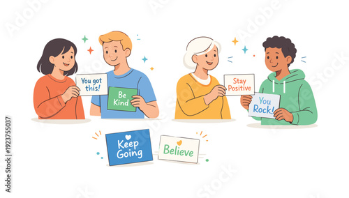 Positive Message Exchange. Positive messages. A friendly editorial scene with people exchanging smiles and simple message cards with short uplifting words.
