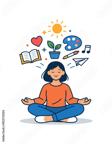 Self care through creativity and hobbies symbolizing personal growth with a relaxed figure and small creative elements gently rising upward.