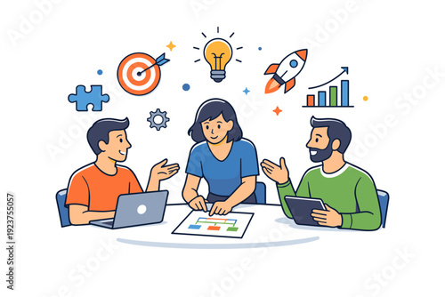 Startup team meeting small group discussing ideas with charts and simple symbols floating nearby, conveying innovation, teamwork