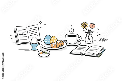 Easter slow breakfast. A quiet solo breakfast scene with a book or newspaper, simple Easter treats on the table, mindful pause and peaceful