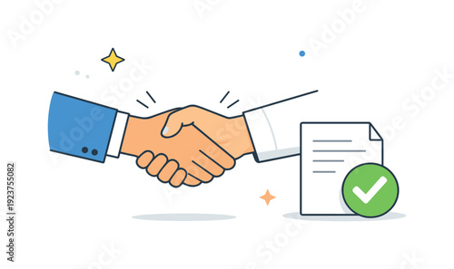 Business handshake with a signed contract and a green checkmark, symbolizing agreement