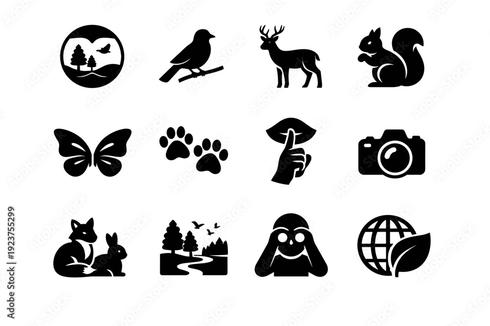 Fototapeta premium Wildlife Observation. Solid icon set of Wildlife Observation: binoculars view, bird silhouette, deer outline, squirrel icon, butterfly wings, animal paw