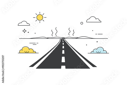 Warm air distortion. Long road stretching into the distance with hazy horizon and light bending effects. Summertime heat and visual depth in