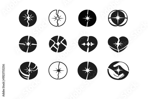 Friendship breakups and healing. Icon set. Set Logo of Friendship breakups and healing: cracked circle becoming whole. harmonious logo