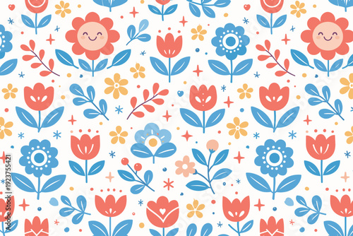 Stylized folk floral pattern. Friendly flower and leaf motifs inspired by folk art arranged in a repeating pattern with calm colors and minimal clutter. The