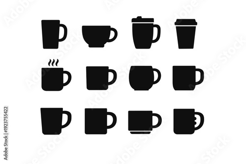 Mug Variations. Solid icon set of mug variations: tall coffee mug, wide tea mug, insulated mug, travel cup, ceramic mug with steam, minimal