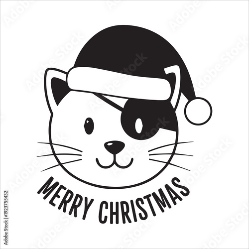 Cute Pirate Cat Wearing Santa Hat and Eye Patch with Merry Christmas Text