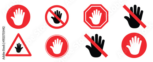 Prohibited red sign symbols featuring don’t touch, no entry hand labels, and safety restriction icons for vector design projects